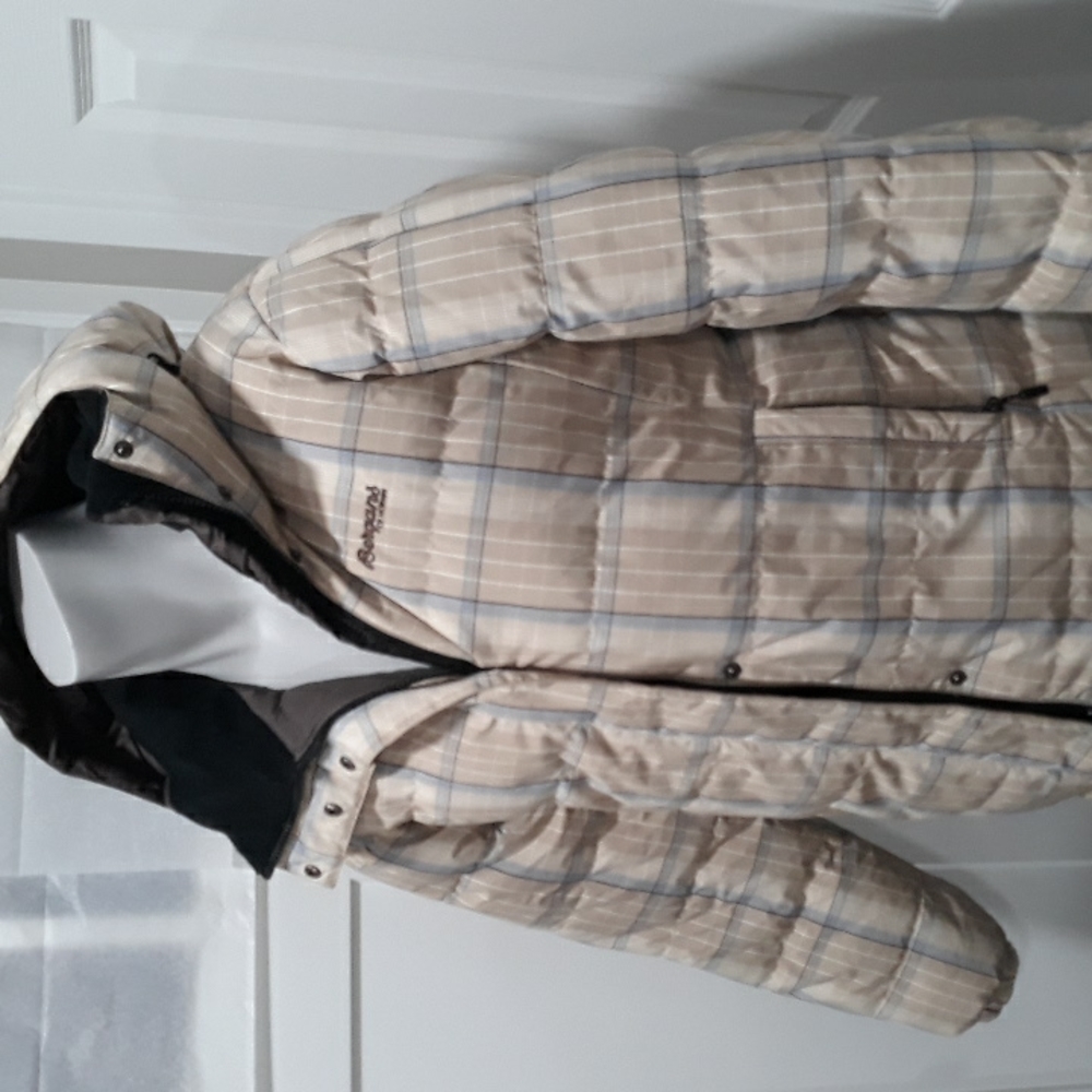 Bergans of Norway brown and blue plaid hooded down coat. Women's Large